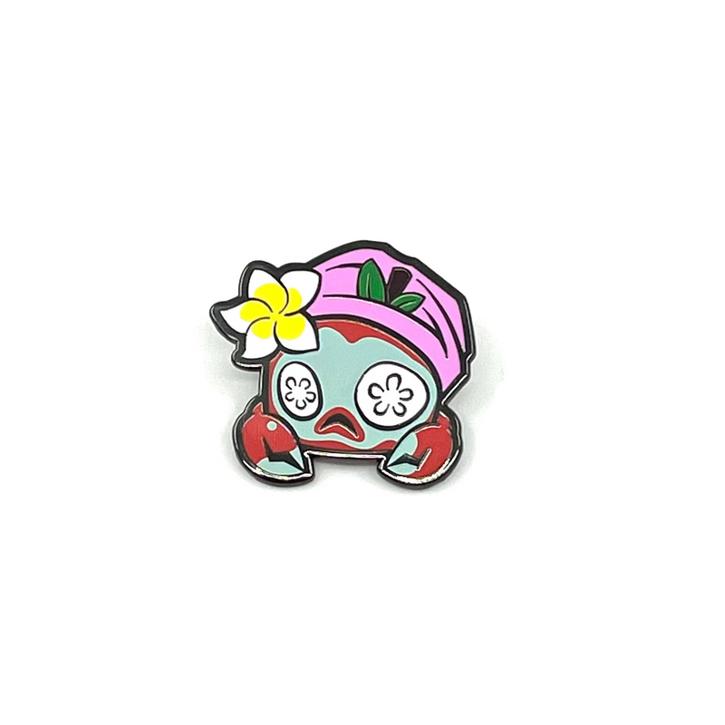 Colorful cartoon crab character with a flower and a clay face mask on a white background